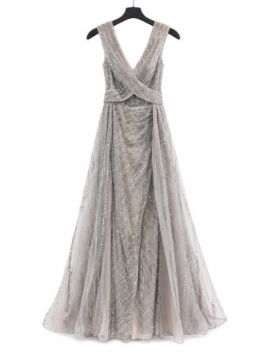 Catwalk Dresses & Skirts - Catwalk 60133 Silver Beaded V-Neck Evening Gown